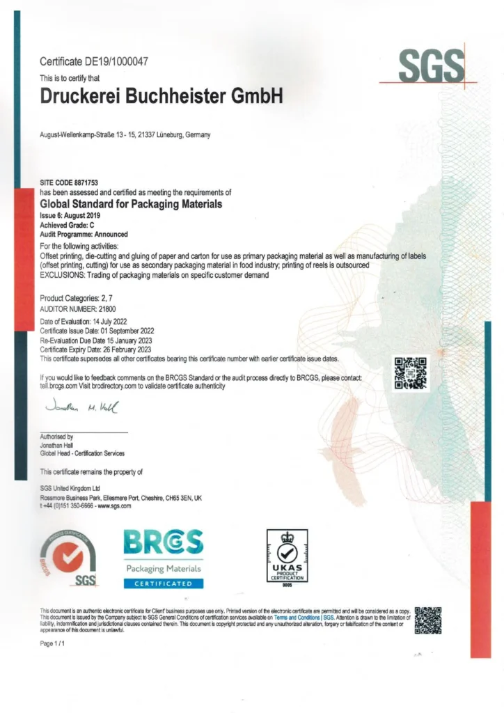 BRC Zertifikat der Druckerei Buchheister