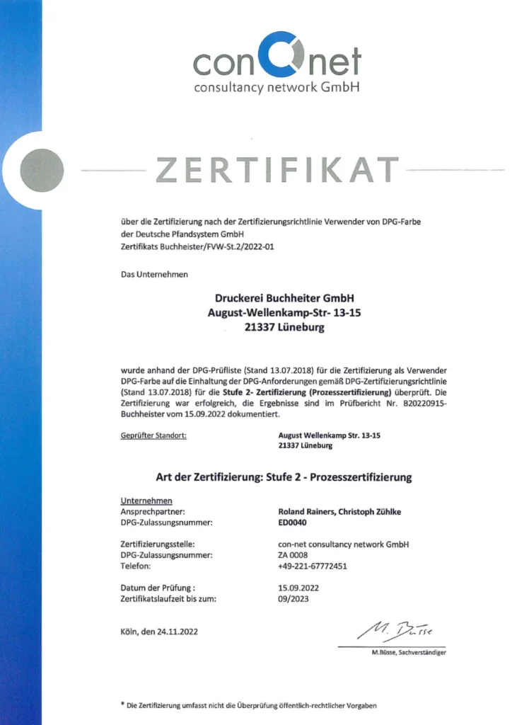 DPG Zertifikat der Druckerei Buchheister