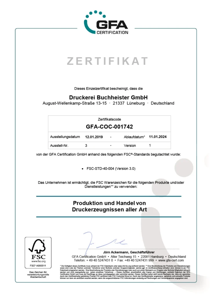 FSC Zertifikat der Druckerei Buchheister