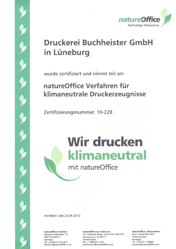 Klimaneutral Zertifikat der Druckerei Buchheister