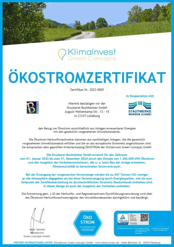 Ökostrom Zertifikat der Druckerei Buchheister